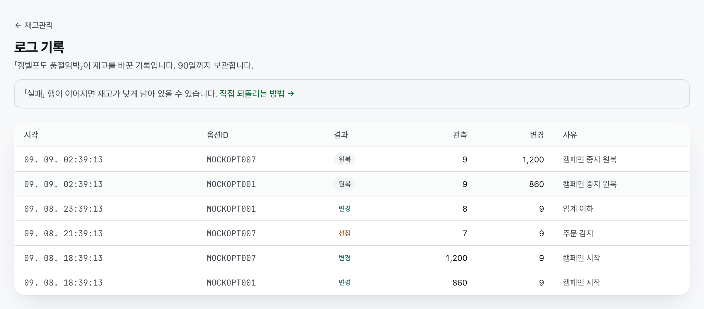 재고 로그 기록 화면. 옵션별로 관측한 재고와 바꾼 재고, 사유가 시각순으로 나열돼 있다