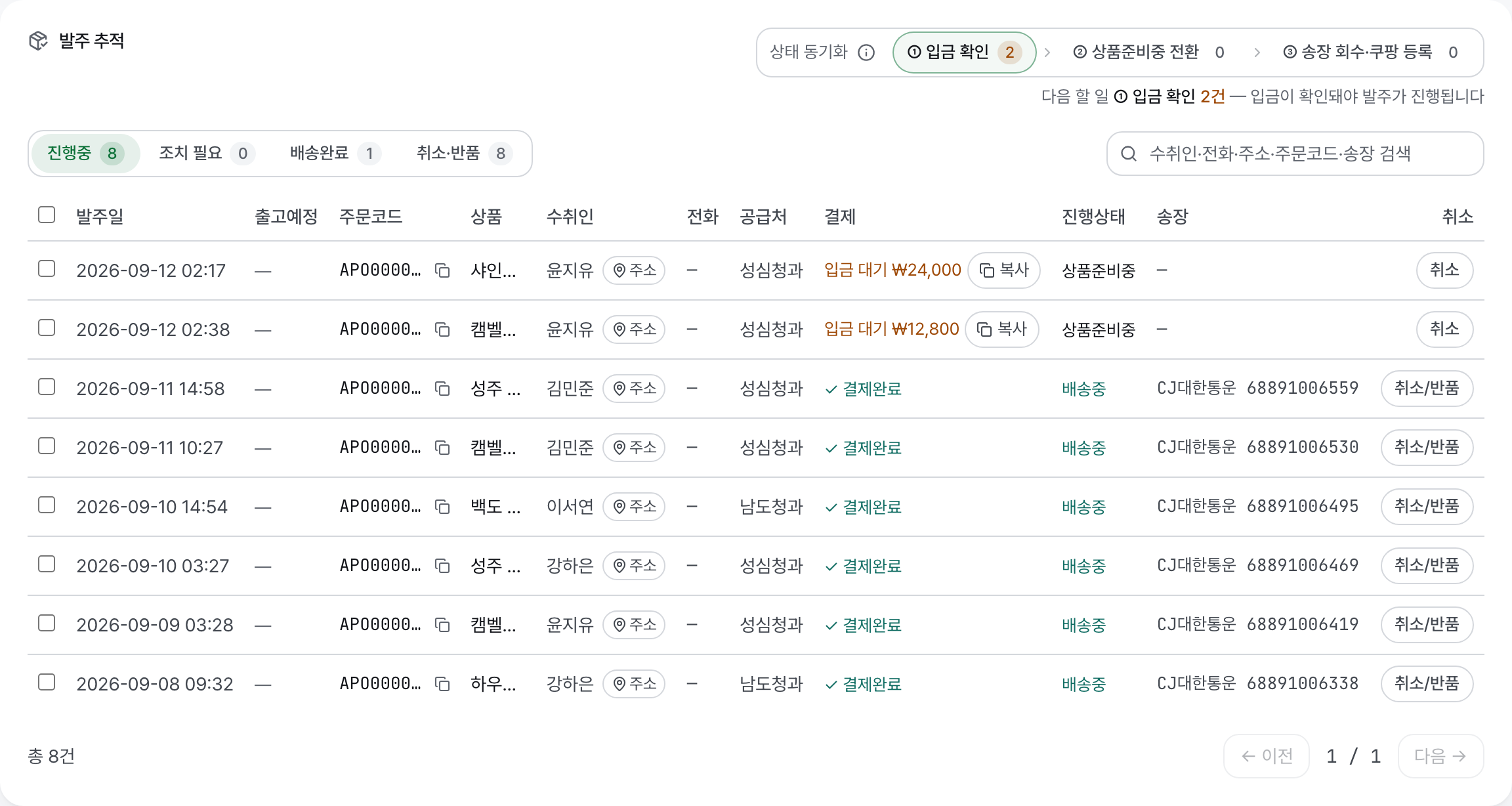 발주 추적 화면. 입금 확인과 상품준비중 전환, 송장 회수와 쿠팡 등록 단계별 건수, 진행 중인 발주 목록